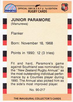 1991 Regina NZRFU 1st Edition #90 Junior Paramore Back